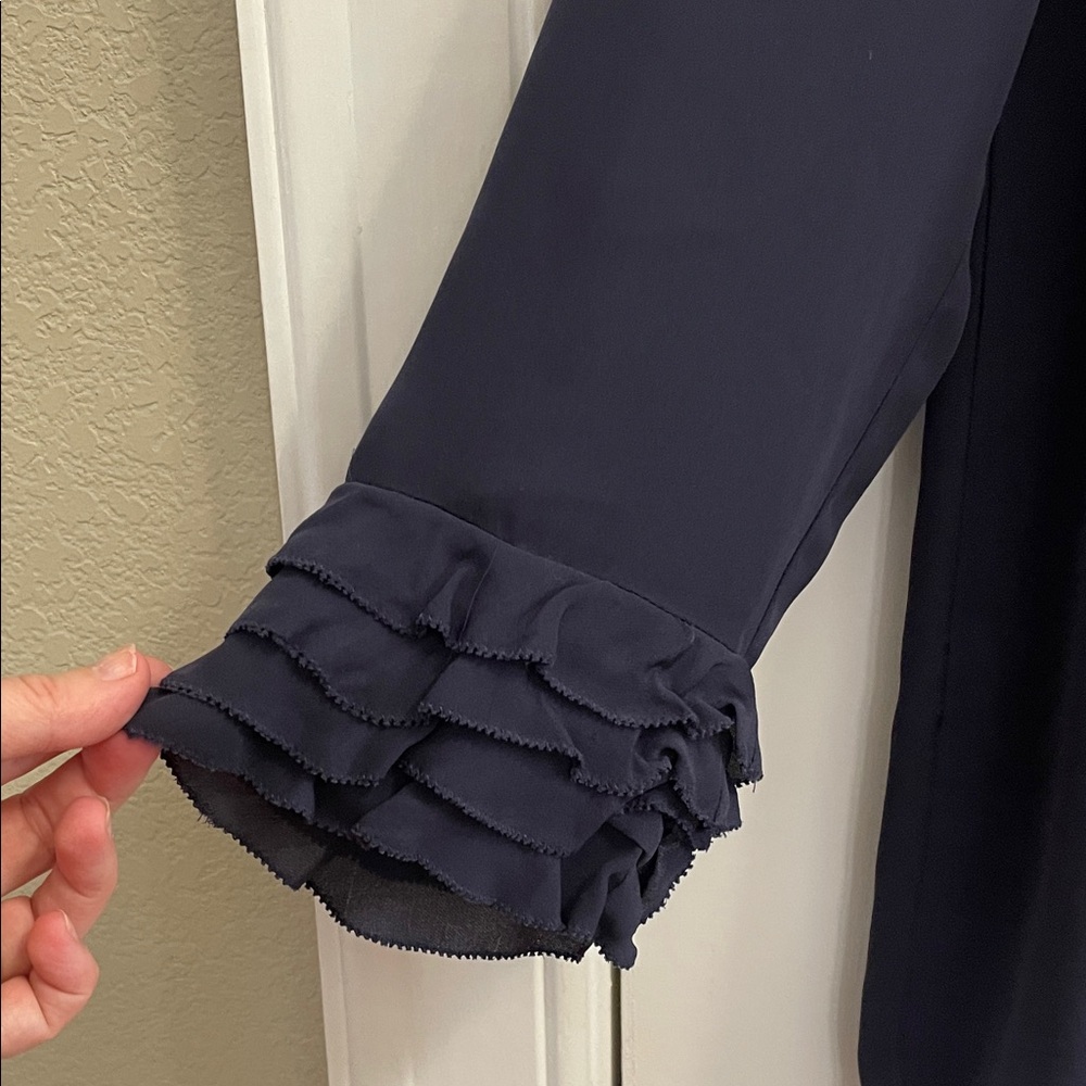 Rebecca Taylor Silk Navy Ruffle 3/4 Sleeve Blouse Size 4 - Picture 3 of 6